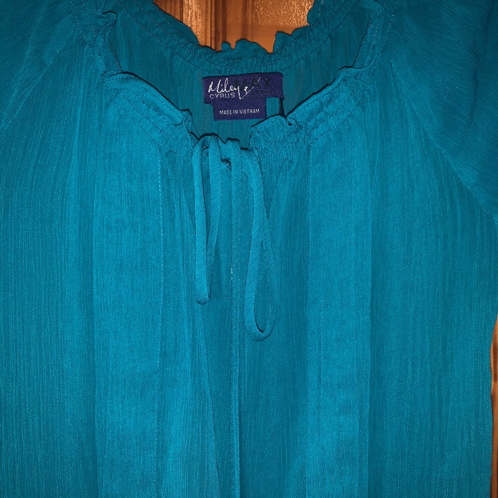 Teal blouse cinched and ruffled